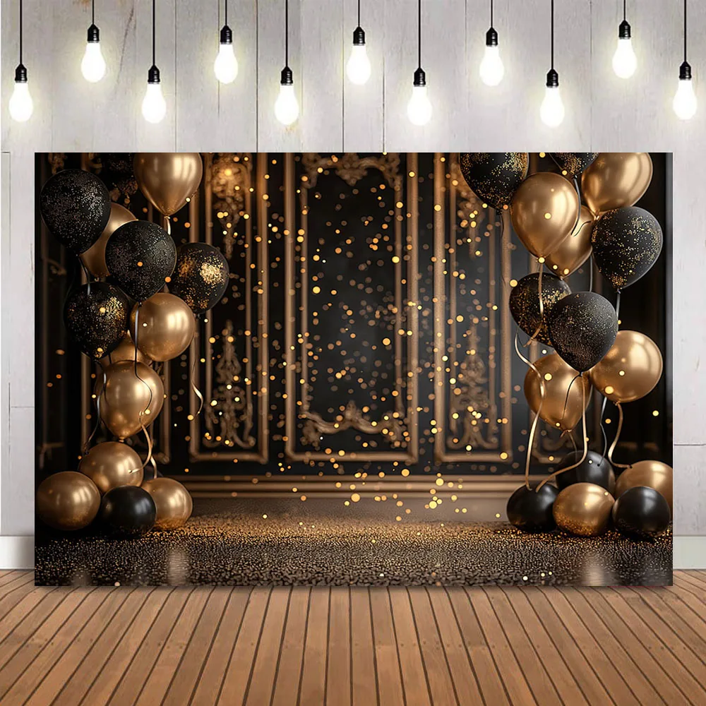 Gouden En Zwarte Glitter Verjaardag Achtergrond Voor Fotografie Glanzende Stippen Portret Zwarte Ballonnen Fotohokje Achtergrond Studio