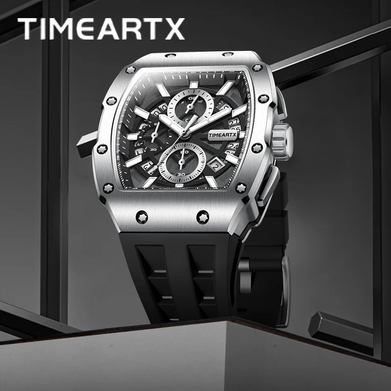 TIMEARTX 5960 ساعة كوارتز رياضية كرونوغراف للرجال عرض التاريخ المضيء ساعات بعقارب تونيو من الفولاذ المقاوم للصدأ للرجال