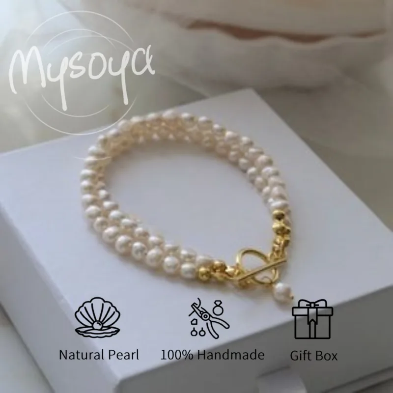 

MYSOYA двухслойный браслет с белым пресноводным жемчугом 6-7 мм с подарочной коробкой для него/ей день рождения/свадьба/Рождество/новогодний подарок