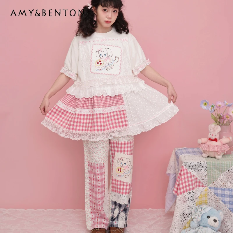 

Japanese Original Design Sweet Floral Lace Splicing Women's Pants Autumn New Loose Slimming Versatile Age-Reducing Trousers Girl