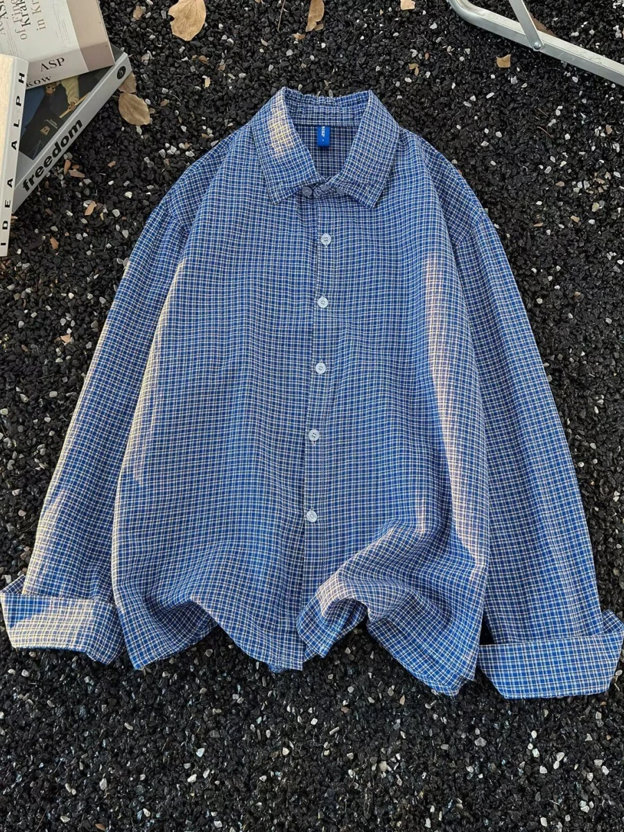 

Синяя клетчатая рубашка с длинным рукавом, свободного кроя, базовая, с отложным воротником, повседневная, модная, городская, молодежная, из полиэфирного волокна, весна-осень