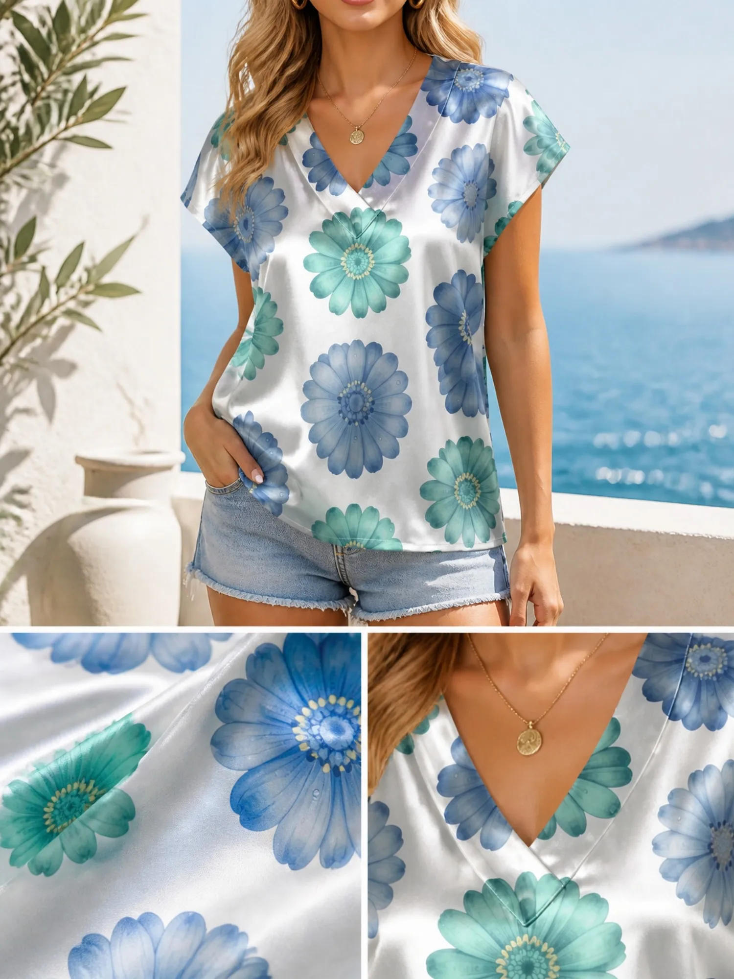 Floral Satin V Neck Top for Women Cap Sleeve Flowy Draped Fit Silky Elegant Resort Daywear Lightweight Breathable Versatile Airy