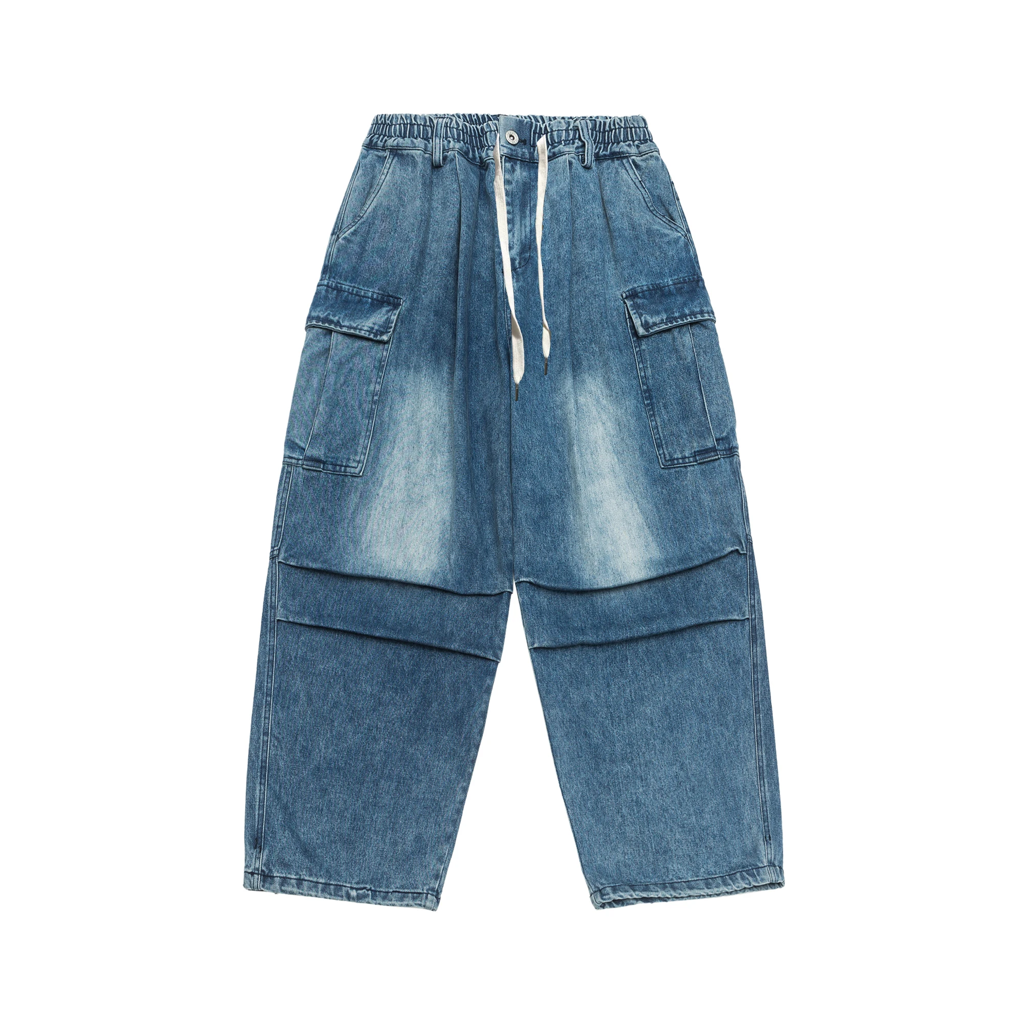 

Spring American Vintage Elastic Waist Washed Cargo Denim Jeans Men's Loose Straight Wide-leg Multi-pocket Casual Boyfriend Pants