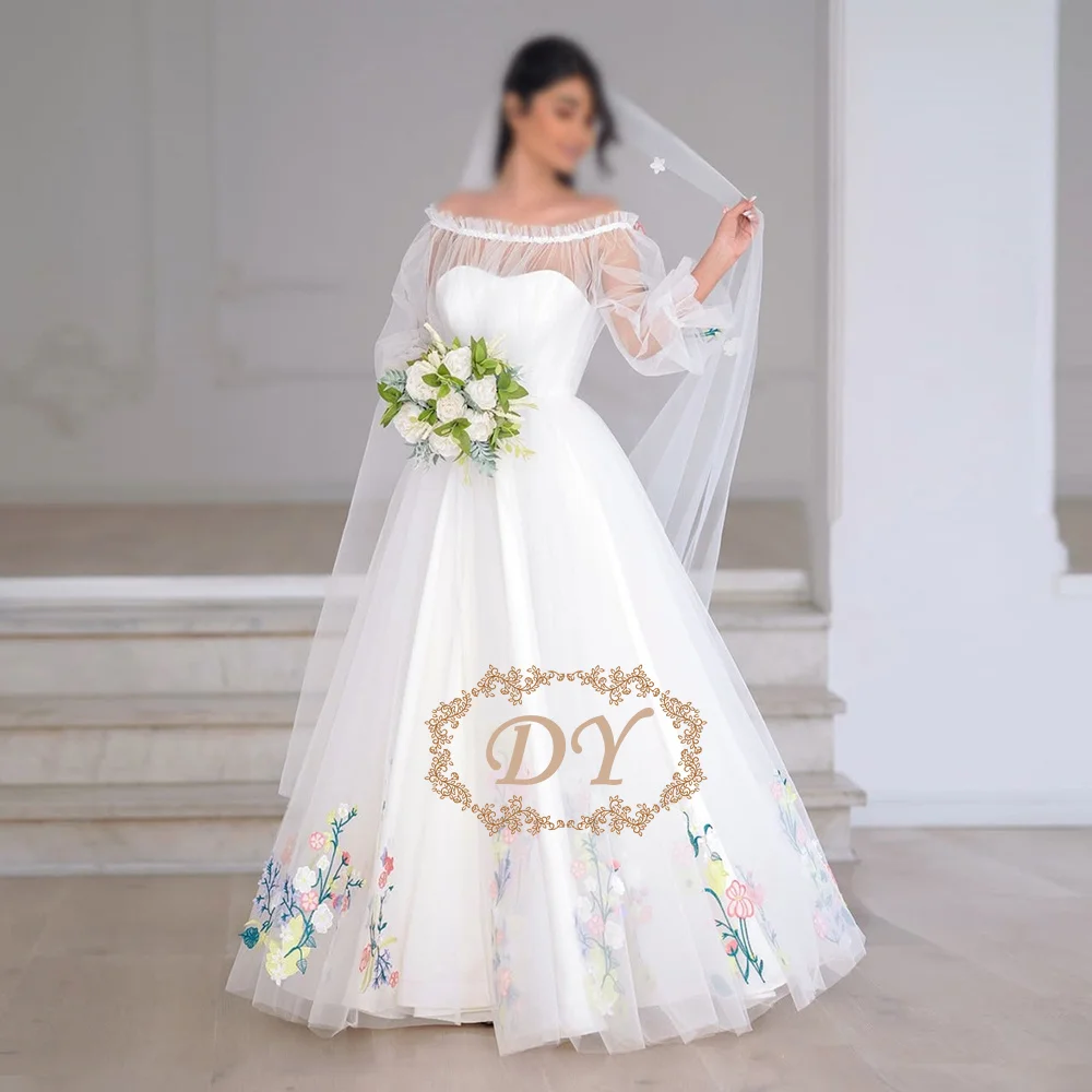 

DY Elegant Flowers A-Line Wedding Dress for Bride Off The Shoulder Floor Length Bridal Gown Robe De Mariee Customized