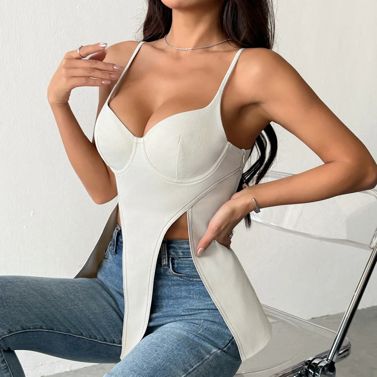 Whisper Lumi Women Y2K Spaghetti Strap Cami Top Sexy Irregular Hem Tank Top Pure Desire Street Elegant Casual Blouse