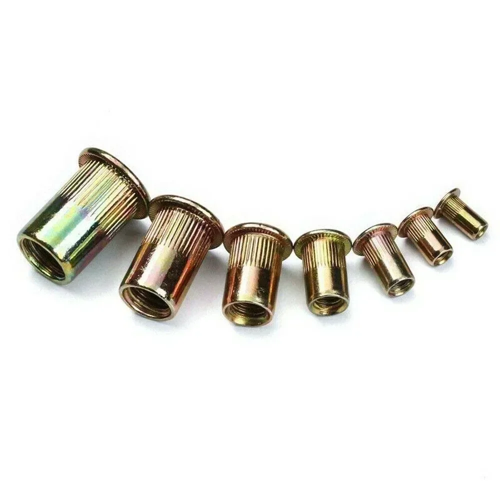 220 ชิ้น M3 M4 M5 M6 M8 M10 M12 Rivet Nuts แบนหัวเกลียวใส่ Nutsert Cap สําหรับ Riveter Nut Gun เหล็กคาร์บอนชุบสังกะสี