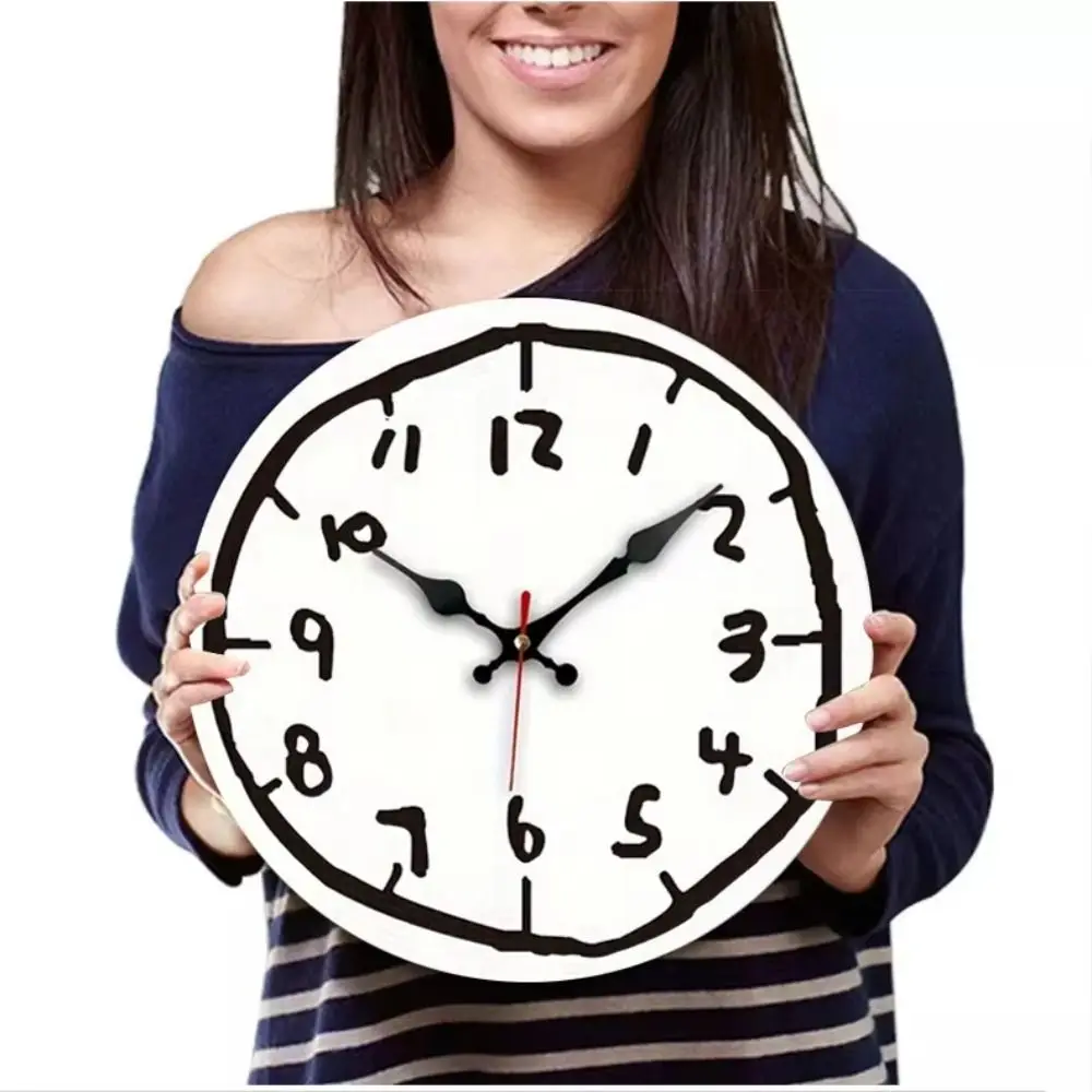 30cm Size Digital Wall Clock Cartoon Design Silent Mechanism Creative Clock Graffiti Painting Round Shape Wooden Round Clock