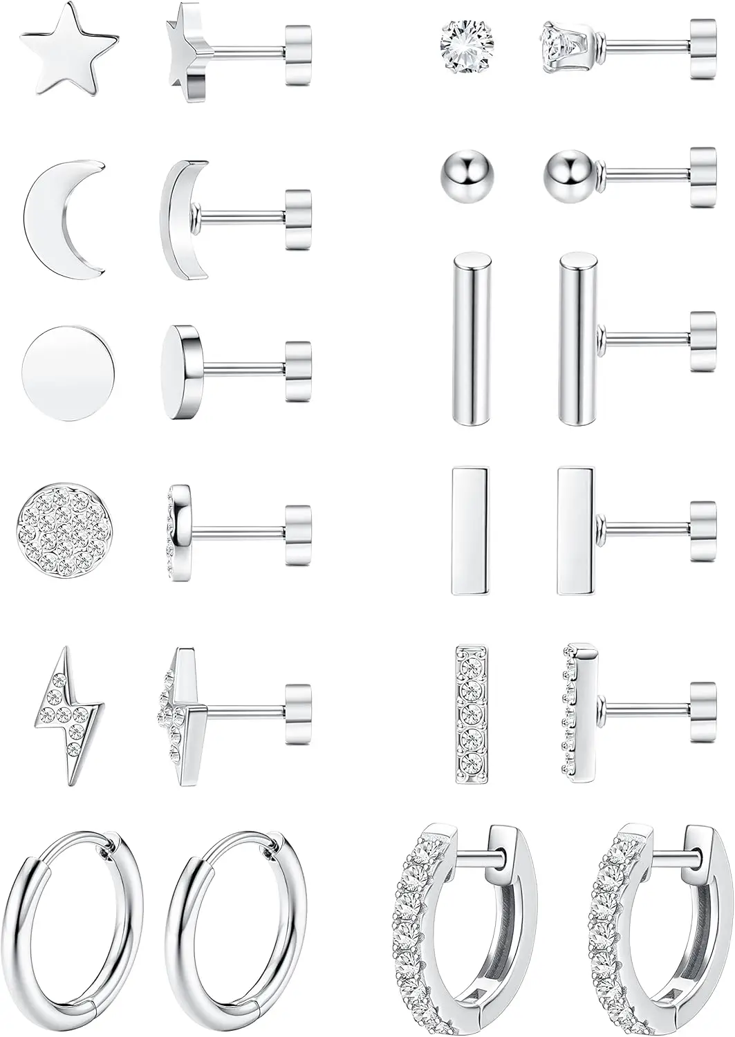 

Drperfect 12Pairs Flat Back Earrings for Women Men 20G Stainless Steel Flatback Stud Hoop Earrings Sets for Multiple PIercing