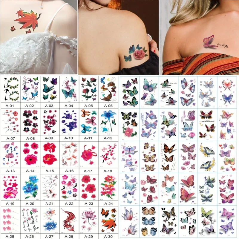 

60pcs/set 3D Butterfly Watercolor Fake Tattoos Sticker Red Lily Lavender Rose Feather Aesthetic Temporary Tattoo tatuajes falsos