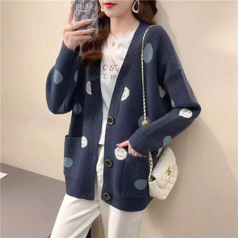

Knitting Cardigan Female Autumn Winter New Korean Loose Ladies Top Tee Cartoon V-neck Long Sleeve Sweater Coat Women Clothing