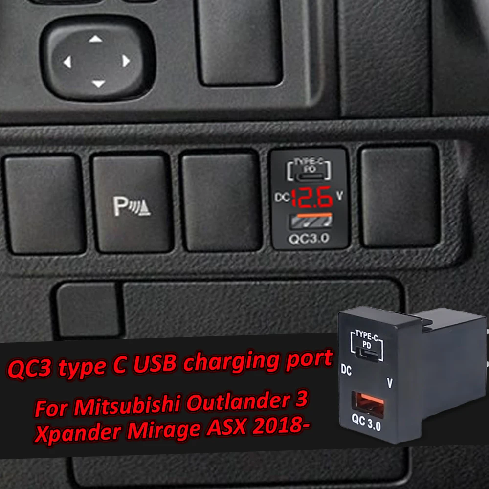 Red LED Quickly Charging Dual Ports Type-C PD Usb Charger for Mitsubishi Outlander 3 Xpander 2016 Pajerp Sport Accessory