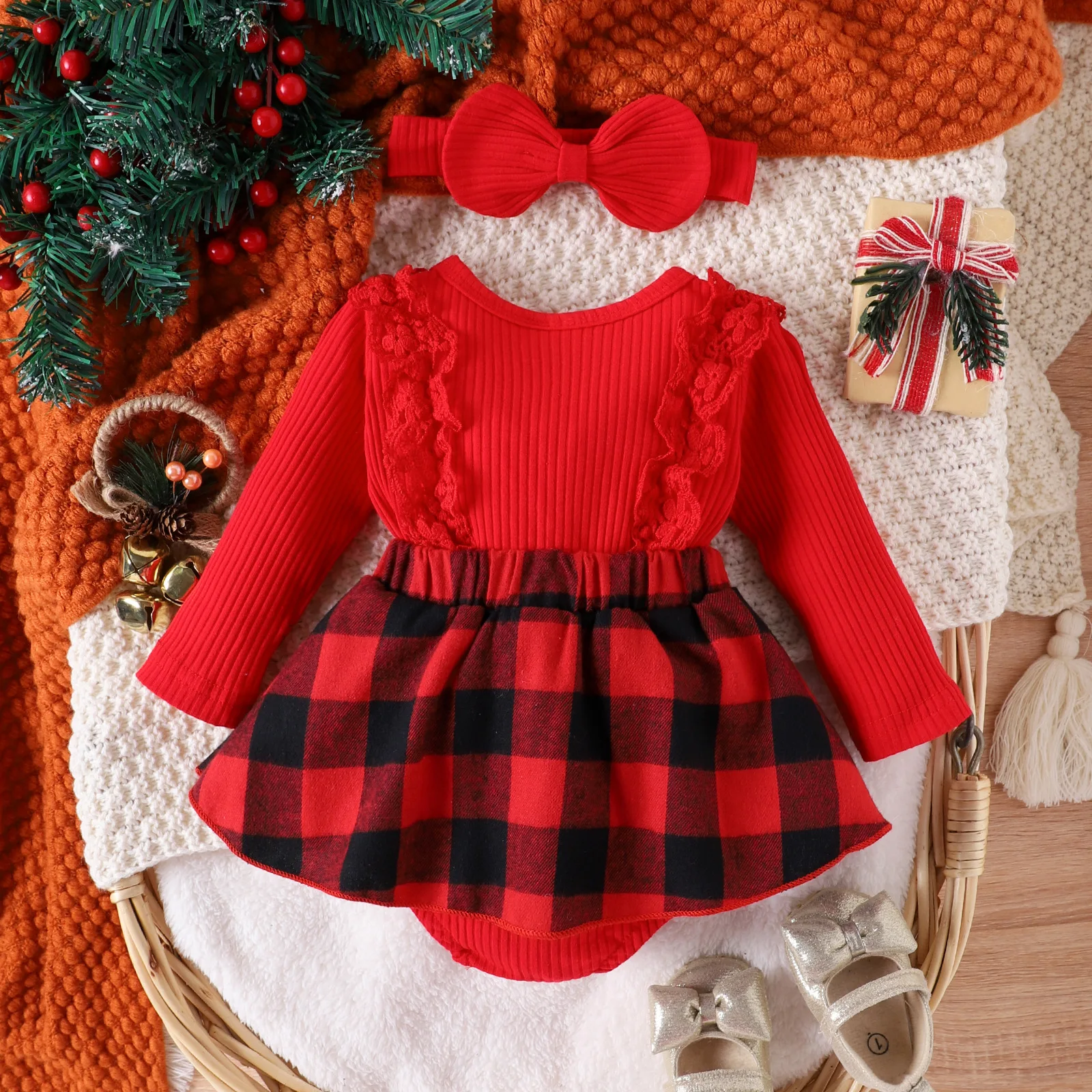 Baby Girls' Christmas Pit Stripe Spliced Lace Plaid Triangle Wrap Hip Romper Set Girls' Bow Princess Skirt