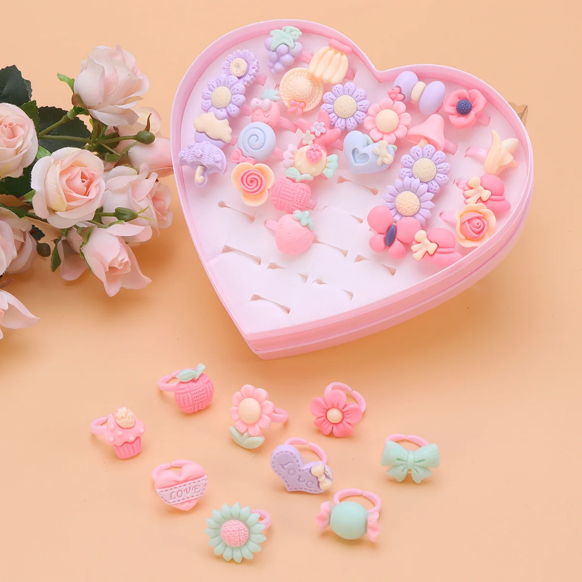 36 قطعة من حلقات زهرة الماكارون للفتيات قابلة للتعديل على شكل رسوم كرتونية تلبيس حلقات اللعب التظاهري لهدايا أعياد الميلاد وحقائب الهدايا الجيدة