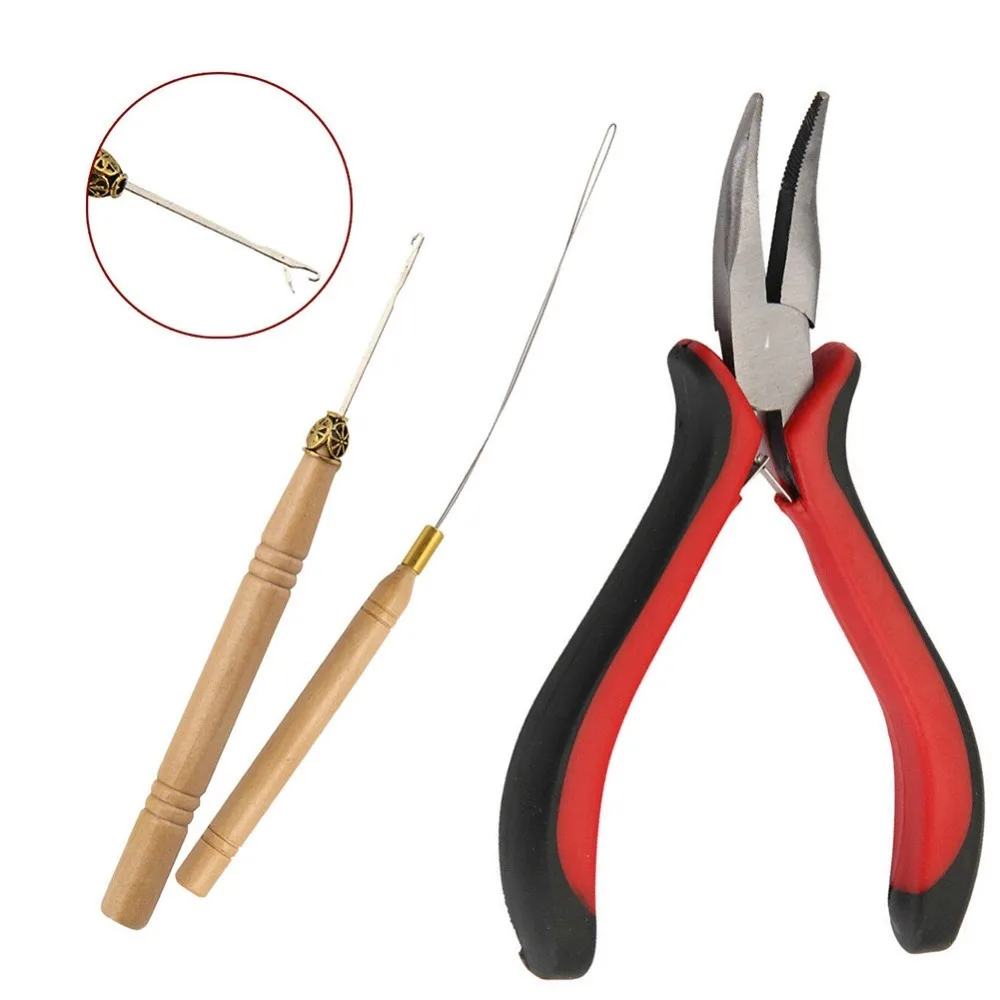 Hook Needle Hair Extensions Tools Kit Crochet Hook Pulling Needle 500pcs Micro Ring Beads DIY Silicone Rings Micro Beads Plier