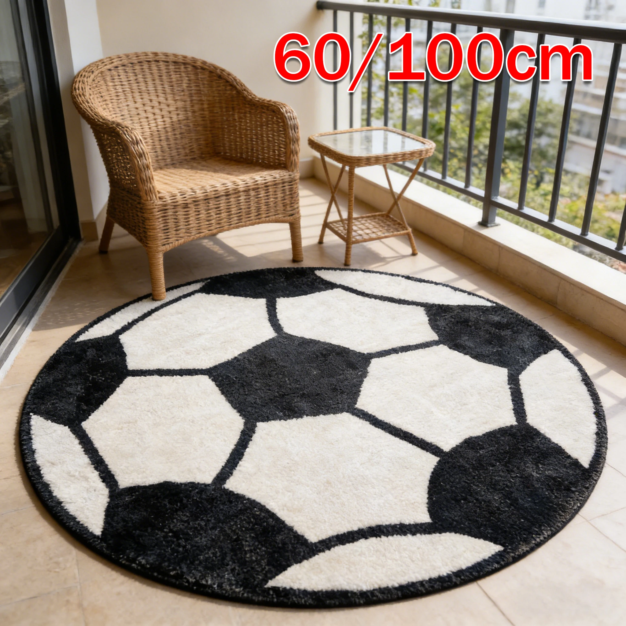 Soft Plush Soccer Ball Round Rug Black Non Slip Nursery Bedroom Playroom Rug Washable Crawling Mat For Kids