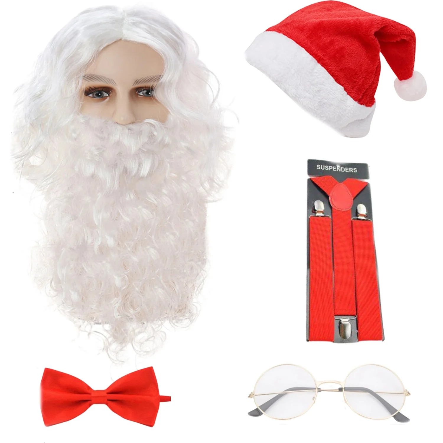PESENAR Accesorio para disfraz de Papá Noel, disfraz navideño de Papá Noel con sombreros de Papá Noel, pelucas, barba, cejas, gafas, guantes, Papá Noel Cl