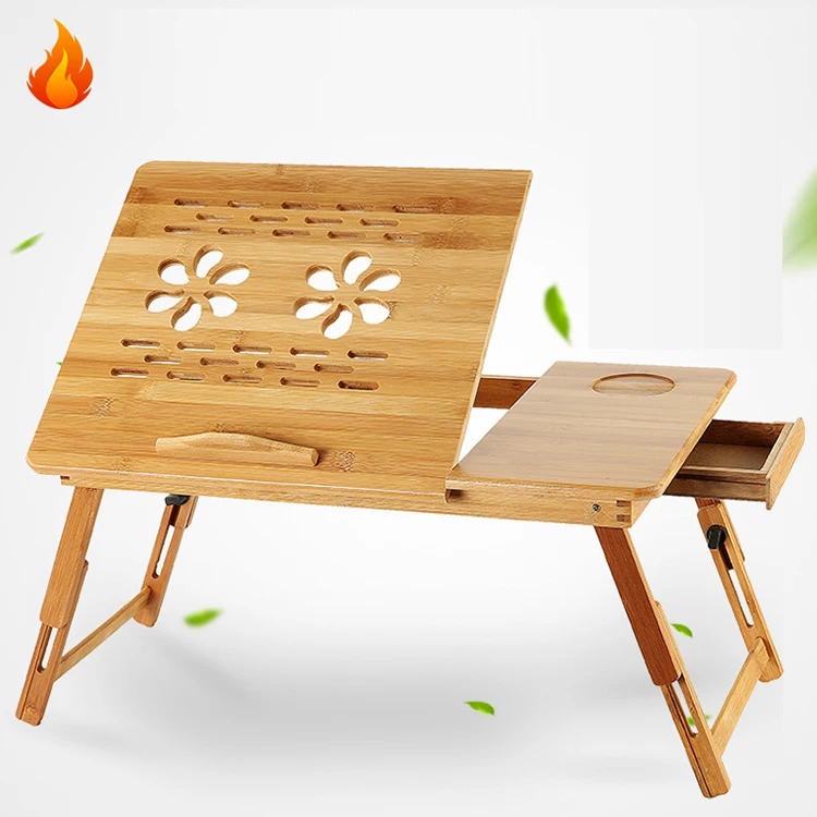 

Modern Multi-function Folding Computer Desk Adjustable Height Portable Bed Bamboo Computer Desk with Cooling Fan with Drawer