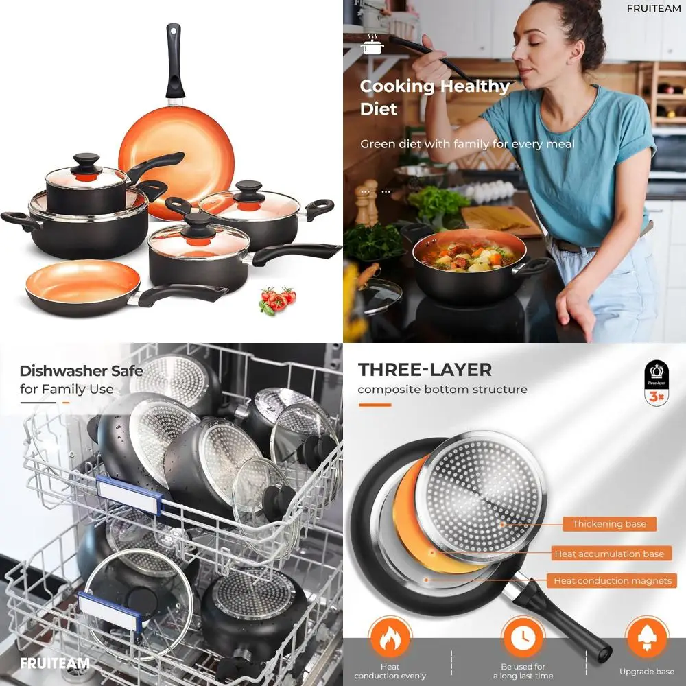 Juego de utensilios de cocina de 10 piezas: ollas y sartenes de aluminio y cobre con superficie antiadherente de cerámica para sopa, leche y freír, adecuado para Indu