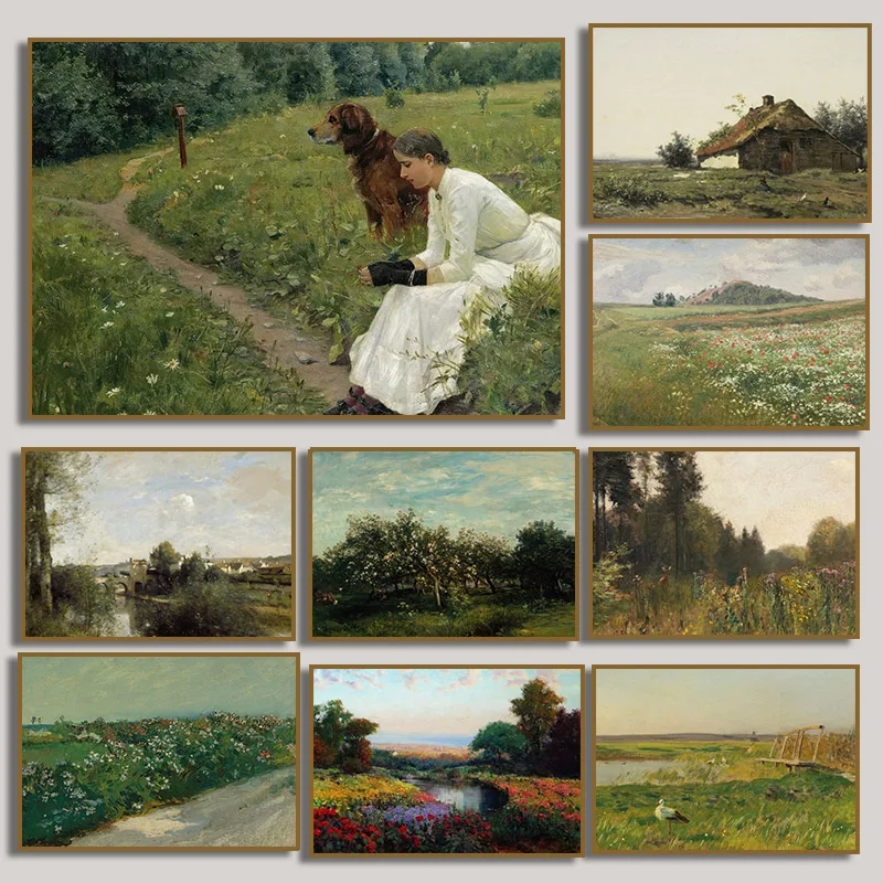 Vintage Grüne Landschafts-Leinwandbilder: Wildblumenfeld, Wald, Fluss, Tal – Kunstposter für Cottage & Heimdekoration