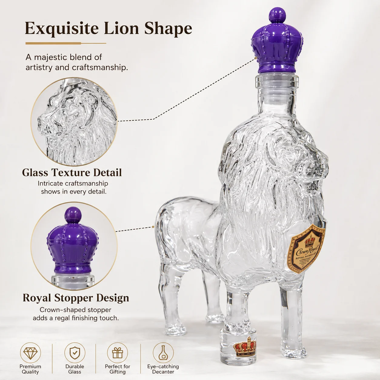 Lion Shape Glass Decanter with Purple Crown Stopper Creative Whiskey Liquor Bottle Home Bar Display Ornament Gift