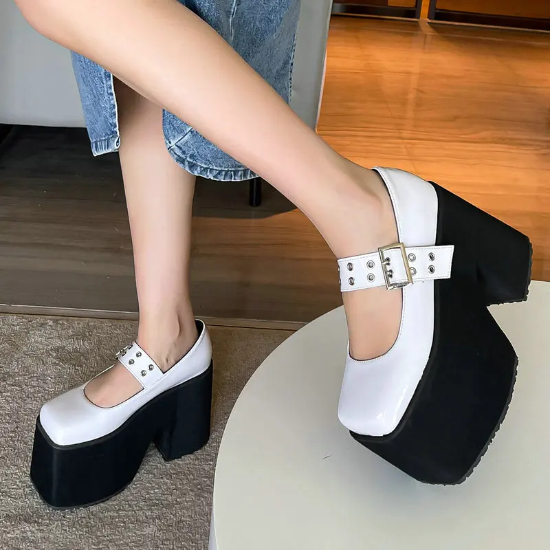 Big Size 34-46 PU Patent Leather Light Foam Sole Platfrom Punk Goth Girls Shoes Square Toe Chunky High Heels Mary Janes Pumps