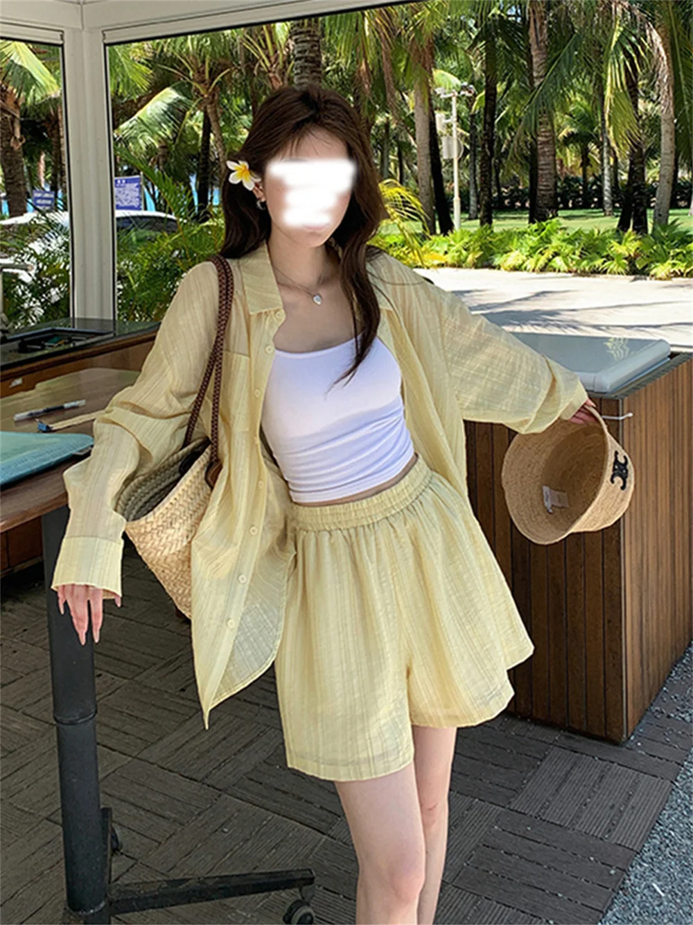 

Tencel light oxygen shirt casual long sleeve sun protection shirt + three-dimensional texture sense high waist wide leg shorts s