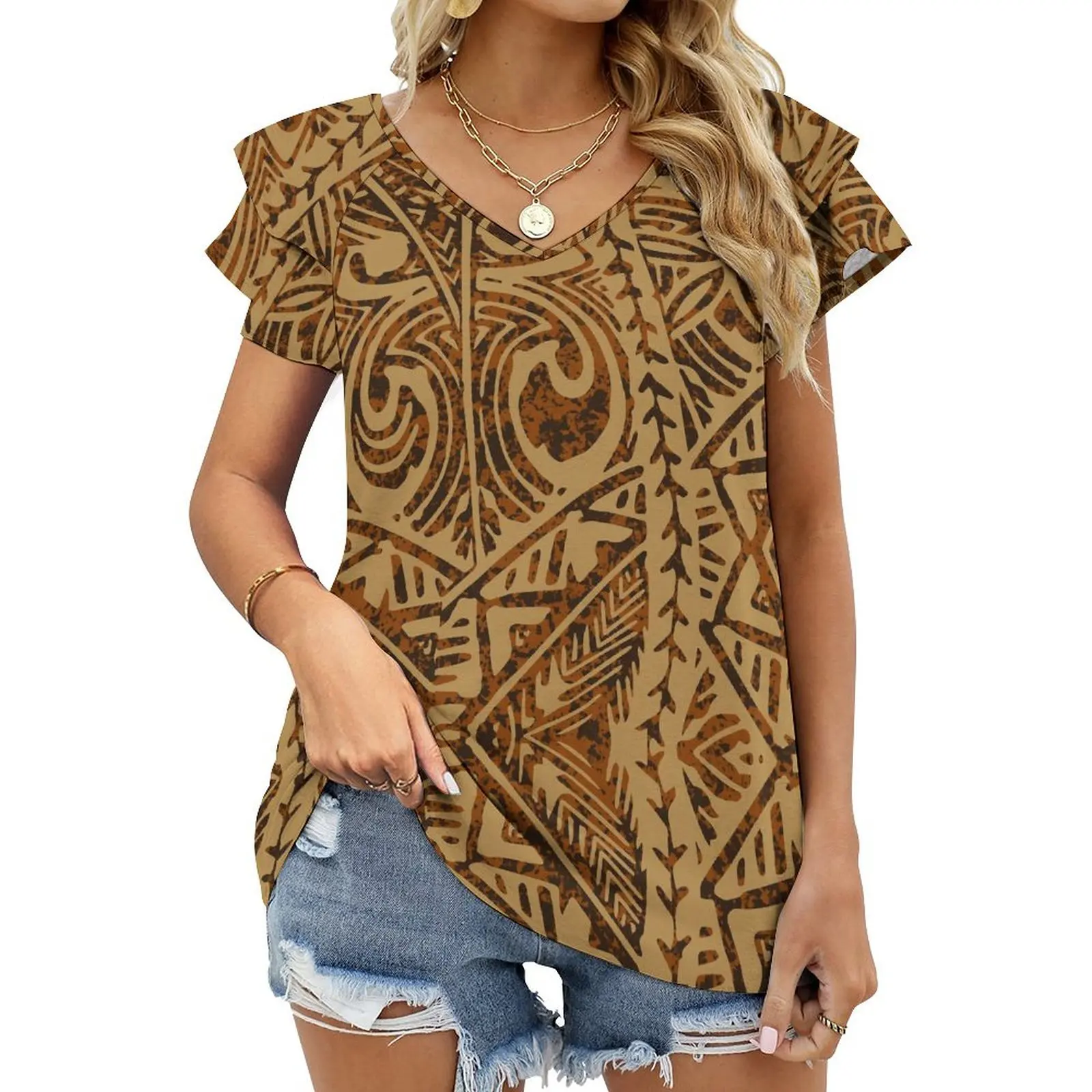 1MOQ Personality Custom Pattern Polynesian Tribe Shoulder Tops Polyester Women  T-shirt Short Sleeve Retro Style Luxury Design