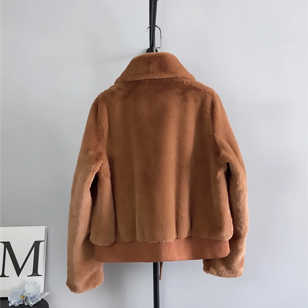Environmentally Friendly Fur Outerwear for Women Winter New Lapel Zipper Warm Jacket Solid Color Loose Thick Plush Coats