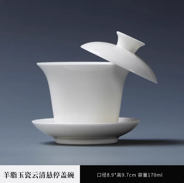 Hoge witte porseleinen theeset, Sancai Bowl, Cover Bowl, theemaker, groot theekopje Gaiwan, puur wit porselein, respect theekom