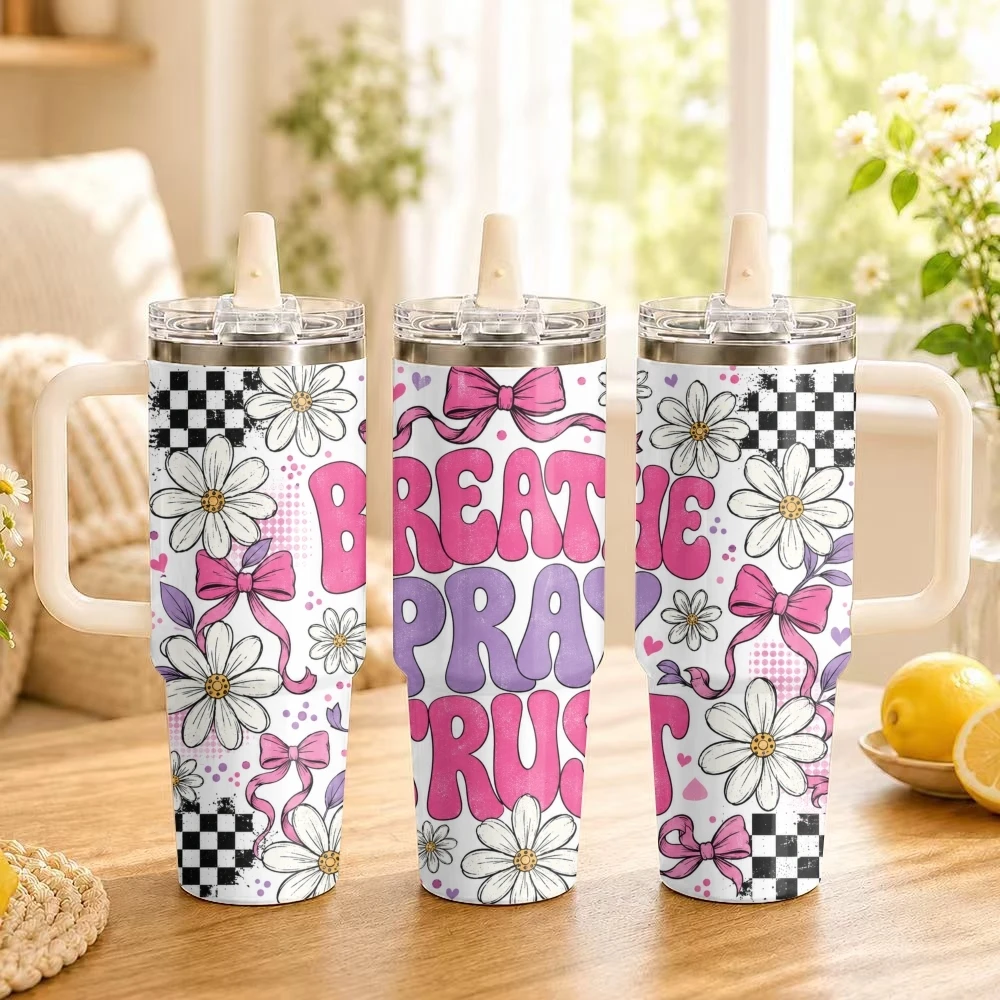 Pink Bow Daisy Trust Vacuum Flasks 40oz Stainless Steel Insulated Tumbler Leakproof Vacuum Travel Mug Portable Coffee Cup