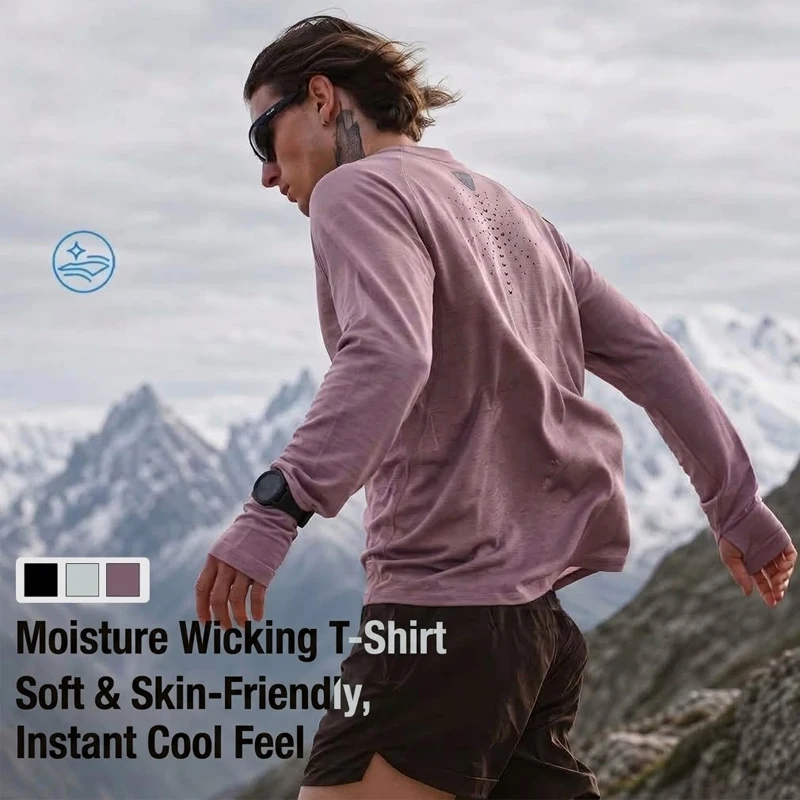 Men's Lightweight Outdoor Long Sleeve T-Shirt - Water-Repellent & Windproof Breathable Base Layer  Running, Hiking Active Sports