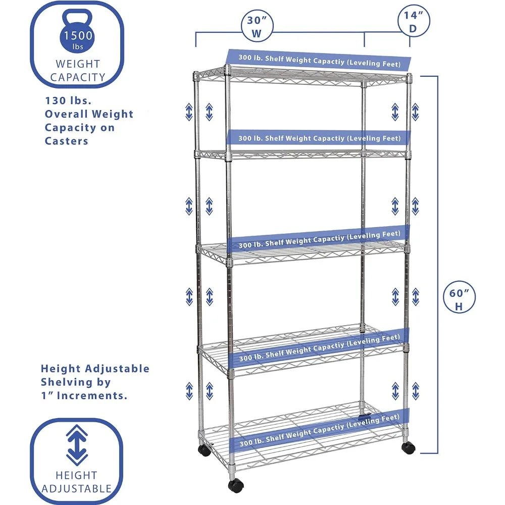 Classics-Prateleiras de fios de 5 camadas com rodas, chapeamento cromado, aço chapeado, 30 "W x 14" D, novo modelo