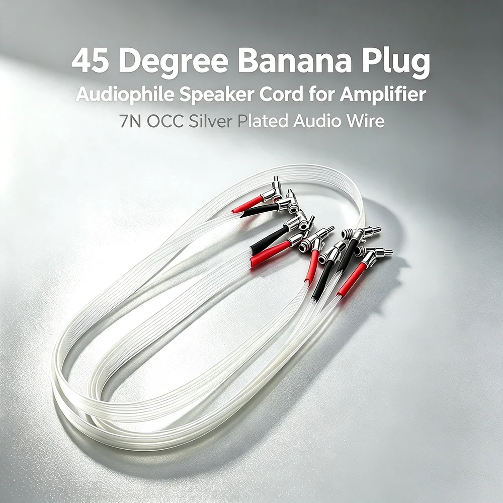 HiFi Flat Speaker Cable 7N OCC Silver Plated Audio Wire 45 Degree Banana Plug Audiophile Speaker Cord for Amplifier
