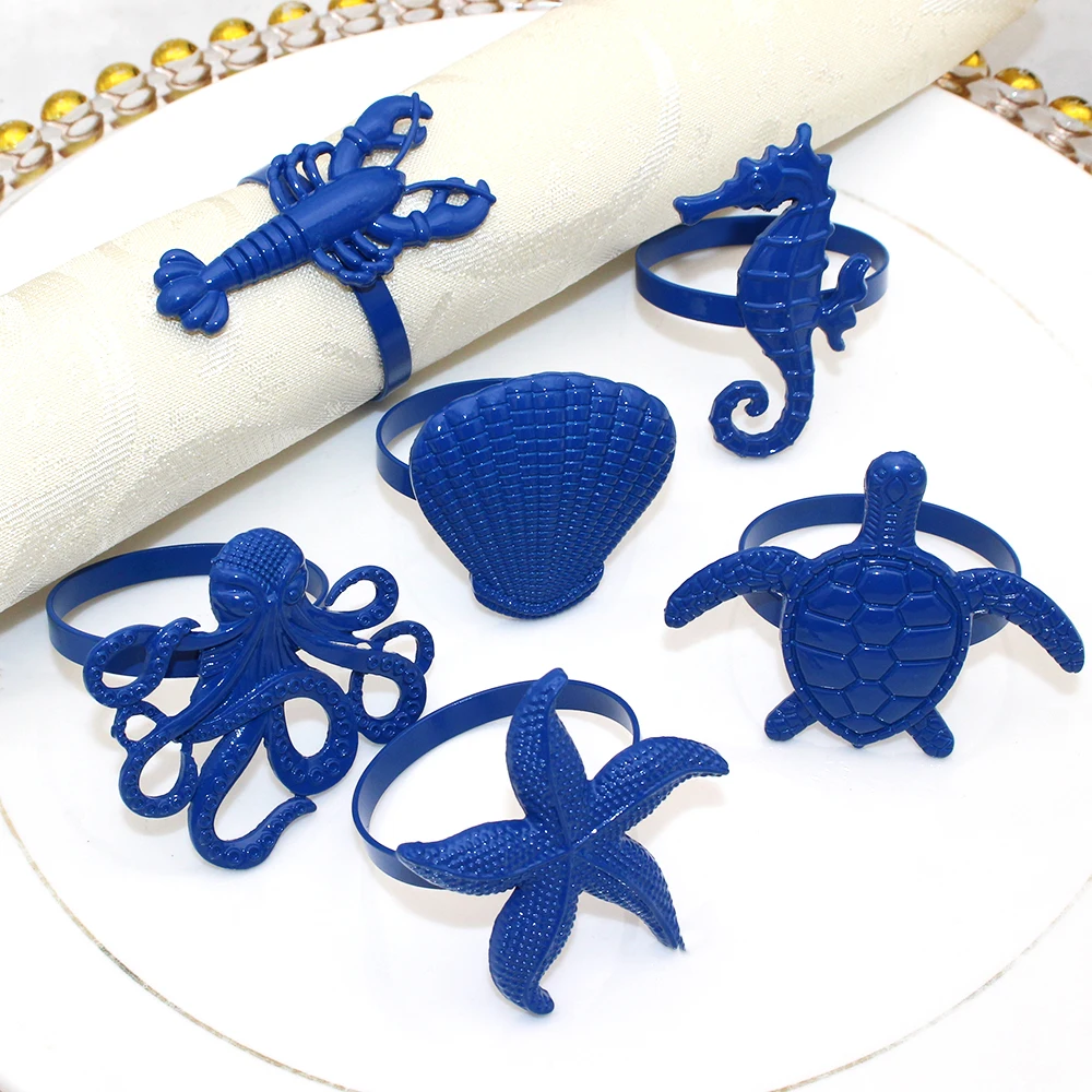 6Pcs Blue Sea Creatures Napkin Rings Ocean Napkin Holders Octopus Napkin Buckles for Wedding Party Banquets Dining Table Decor
