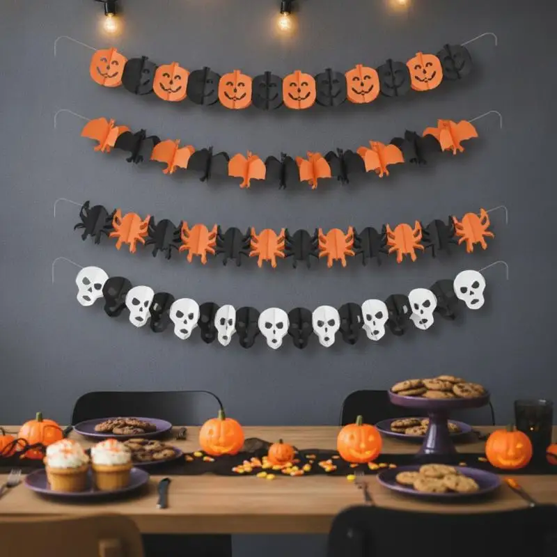 Halloween Paper Banner Spider Pumpkin Ghost Bat Paper Chain Halloween Decoration Garland Banner Paper Pull Flower Party Supplie