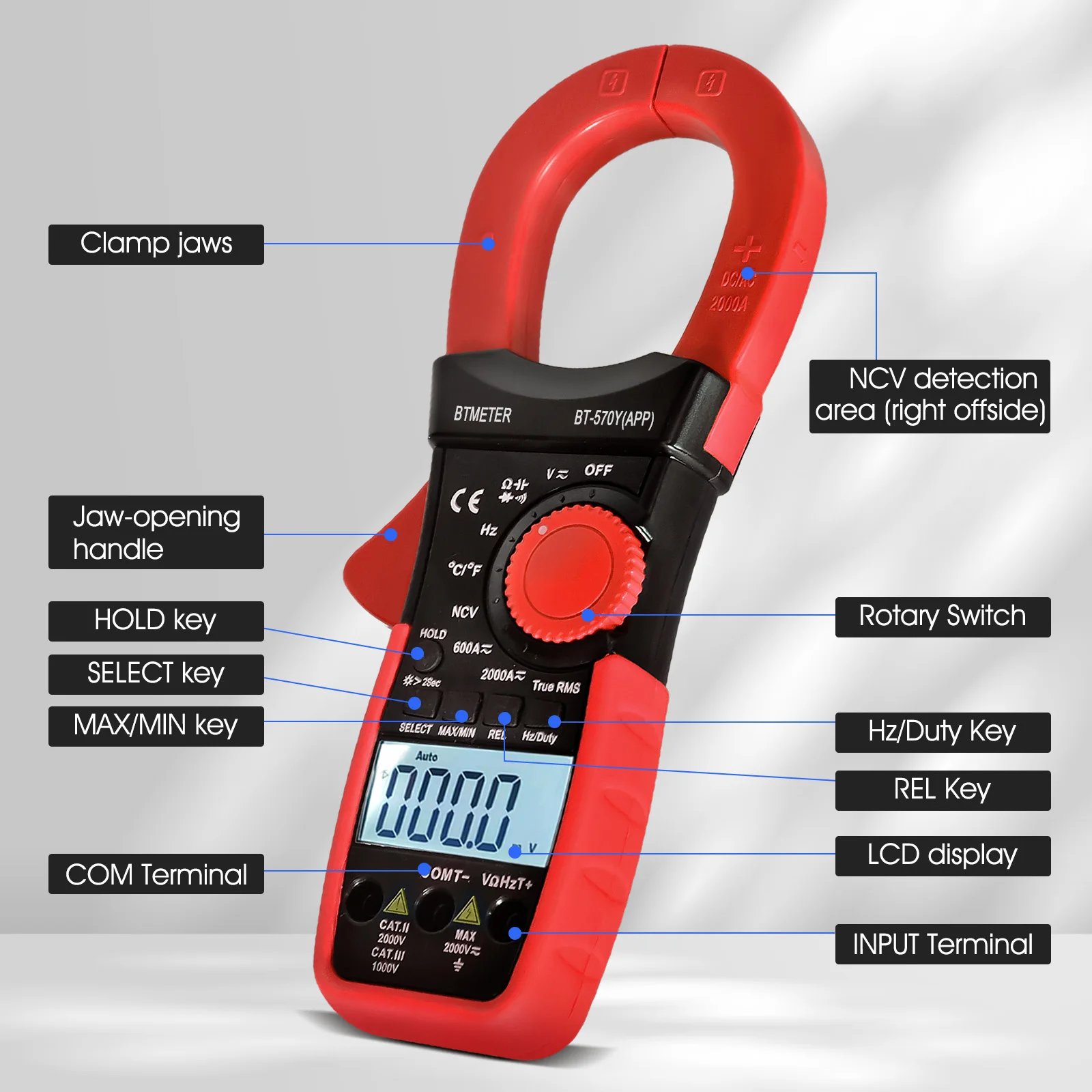 HP570Y 2000A AC/DC Clamp Meter TRMS 6000 Counts, 45mm Jaw with NCV Backlight Auto Range for Auto Repair & Industrial Maintenance