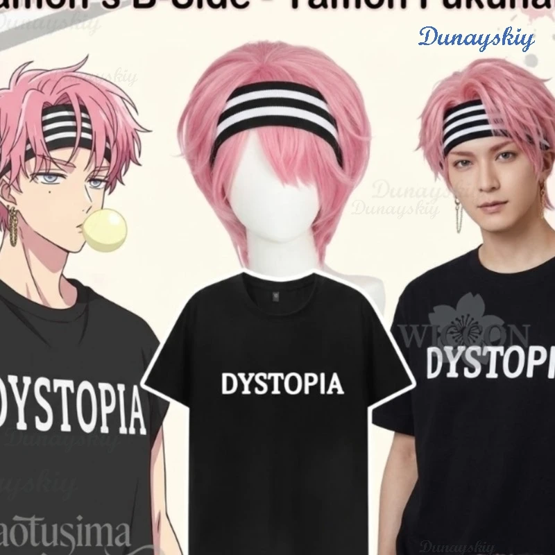 

Adults Clothing Fukuhara Idol Fashion Letter Pattern Black T-shirt Pink Wigs Black And White Striped Headband Cosplay Anime Tamo
