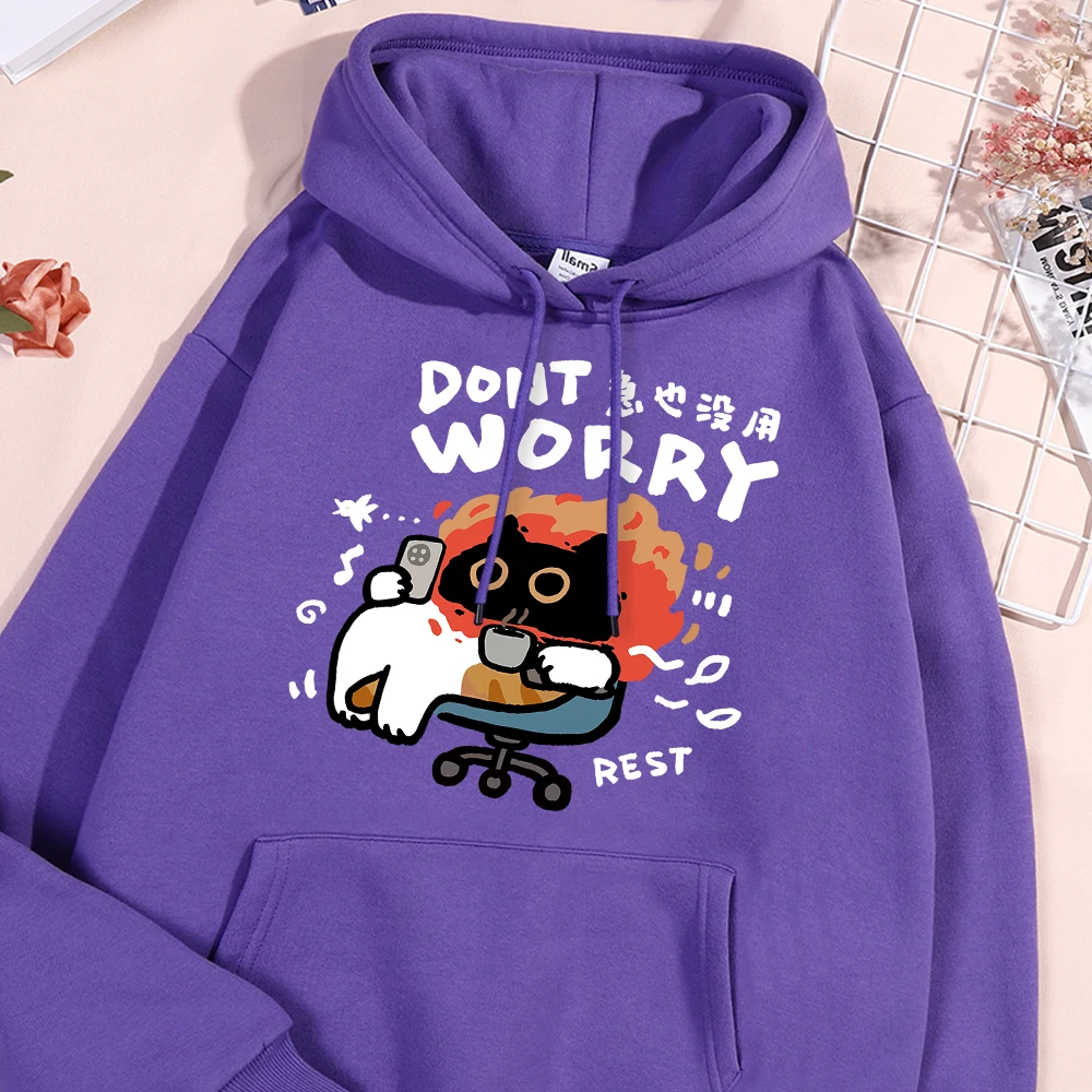 Dont Worry Fun Cat Hoodies Men Women Fashion Harajuku Style Hoody Loose Fleece Clothing Oversize Pullover Sweatshirt Couple