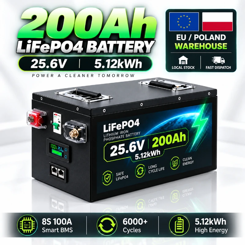 Hochleistungs-LiFePO4-Batterie 12,8V 25,6V 51,2V 100Ah 120Ah 200Ah Smart BMS 6000+ Zyklen Lithium-Eisen-Phosphat für Solarsysteme, Wohnmobile, Marine, USV, Off-Grid-Notstromversorgung EU Polen Lager