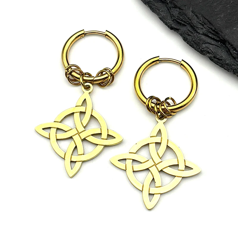 Stainless Steel Witch Knot Amulet Hoop Earrings for Women Men Gold Color Witchcraft Celtic Knot Drop Earrings Lucky Jewelry Gift
