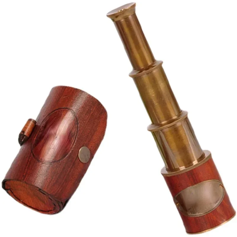 Pure Copper Genuine Leather Retro Nautical Telescope Monocular Telescopic Ornament Furnishing Pirate Props