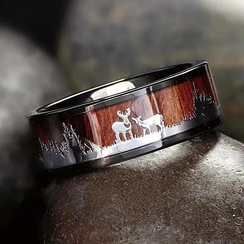 Fashion Deer Family Black Hunting Stainless Steel Rings for Men Women KOA Wood Inlay Beveled Polished Edge Wedding Bands Jewelry