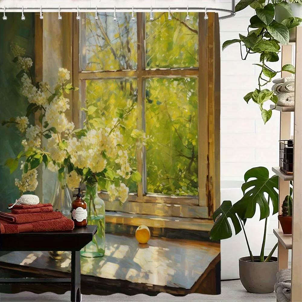 Elegant Classic Oil Painting Style Sunlit Window White Spring Flowers Vase Fruit Still Life Bath curtain Warm t