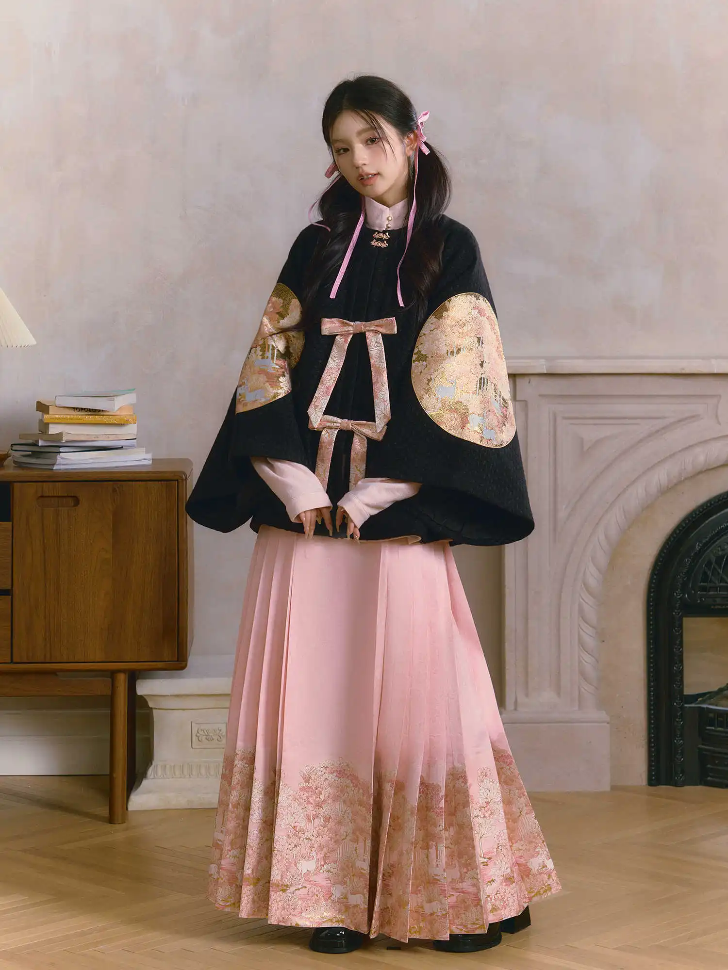 Originele Hanfu Zwart Roze Ronde Hals Paardenjurk Met Halve Mouwen Set Dagelijkse Verbetering Hanfu