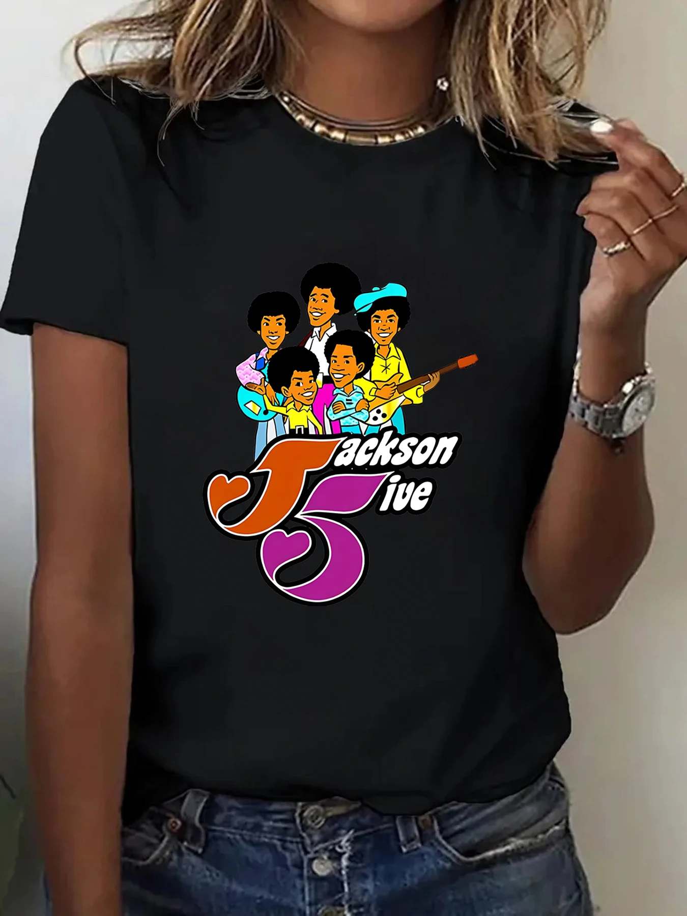 1pc, 100%, 만화 음악가 패턴 프린트 티셔츠, 계절 캐주얼 여성 티셔츠, 라운드 넥 퓨어 반팔 티셔츠