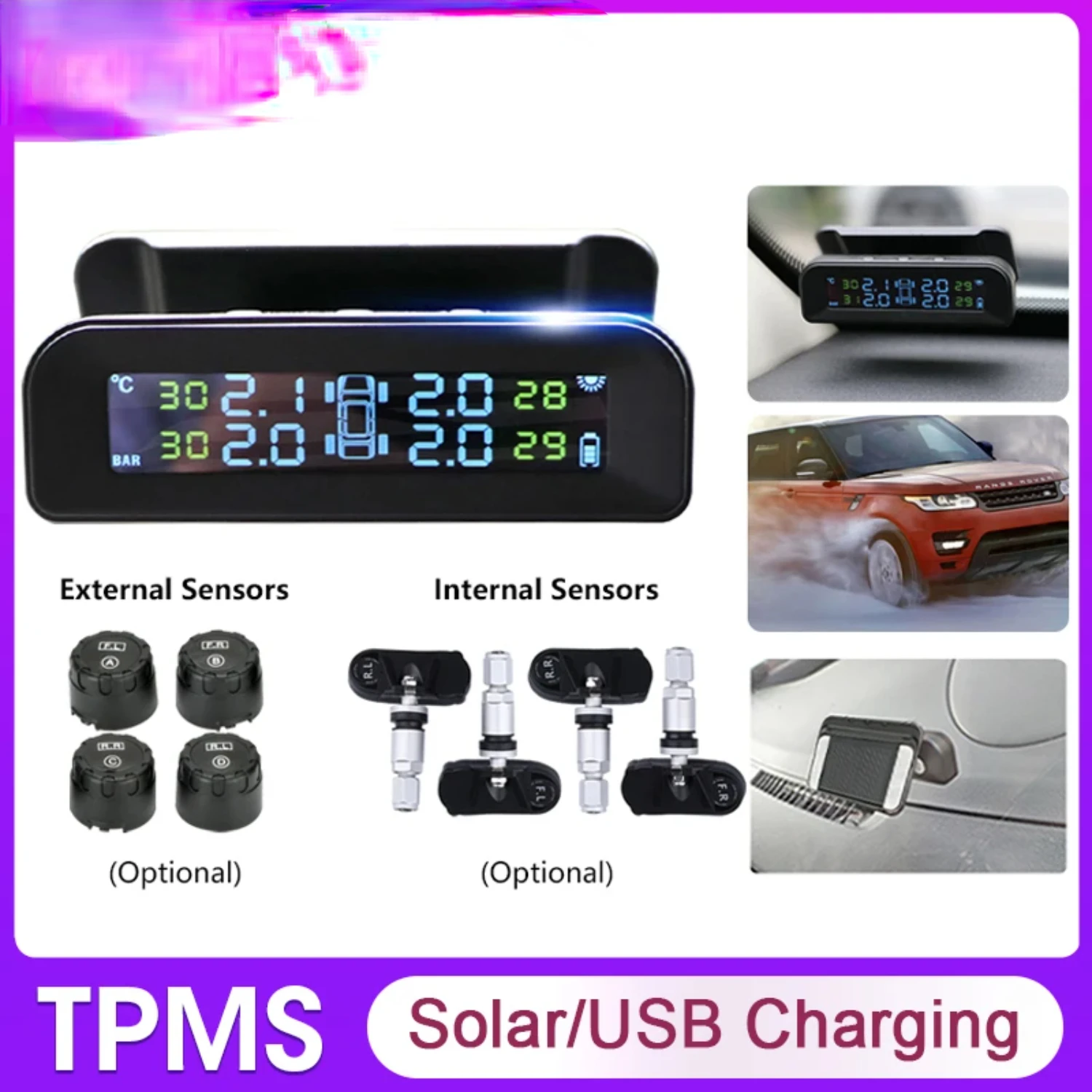 Smart TPMS Tire Pressure Monitor System - 4 Sensors Display Solar Intelligent Tyre Pressure Temperature Alarm