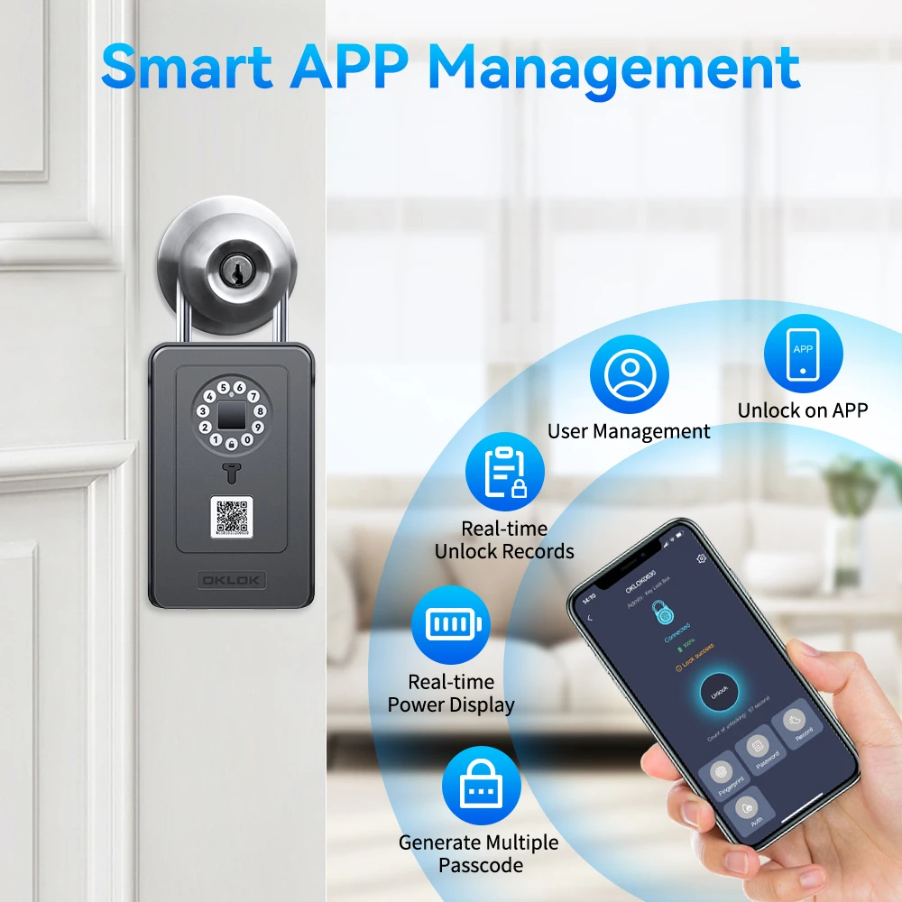 Waterproof Key Safe Box Smart Fingerprint Key Storage Safety Box Digital Password Code Unlock Padlock Works with OKLOK