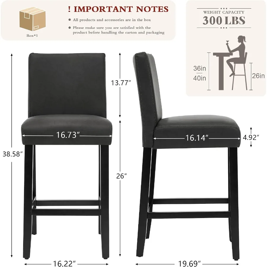 Bar Stools Set of 3 for Kitchen Counter Use, Metal Frame with Black PU Leather, 26'' Height, Stackable and Ergonomic Design