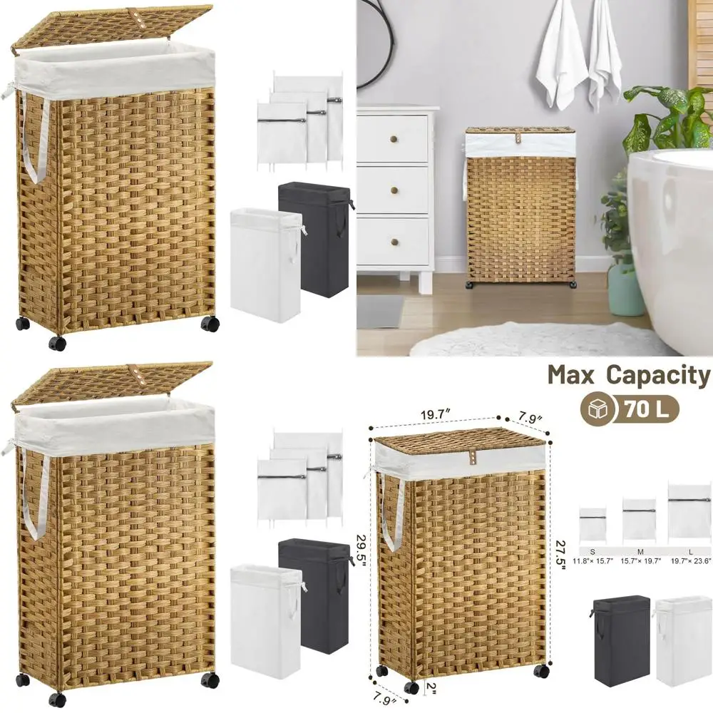 

70L Slim Rolling Laundry Hamper with Lid, Wheels, and 2 Removable Liner Bags, 3 Mesh Sorters, Foldable Rattan Basket, Natural