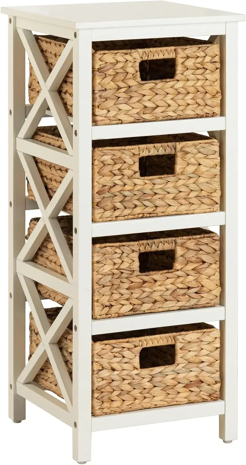 

4 Tier X-Side End Storage Cabinet with 4 Wicker Baskets, White